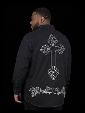 Brooklyn Cloth Black Embroidered Ornate Cross Button-Up Shirt XL